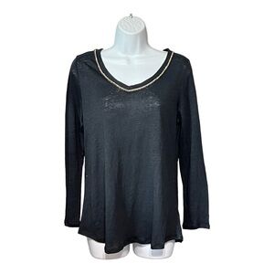 Soft Surroundings Linen Pajama Top Black Jeweled V-Neck Line Long Sleeve XSP